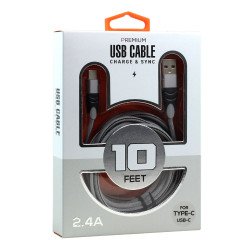 Type C / USB-C 2.4A Braided Cloth Strong Durable Charge and Sync USB Cable 10FT Recommended for Android (Silver)